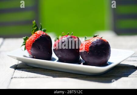 Fraises fraîches enrobées de chocolat noir Banque D'Images