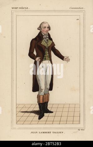 Jean Lambert Tallien, adjoint à la Convention nationale, 1769-1820. Il accompagna Bonaparte en Égypte en tant que membre de la commission scientifique. Lithographie coloriée de : Le Bibliophile Jacob aka Paul Lacroix Costumes historiques de la France (Costumes historiques de la France), Administration de librairie, Paris, 1852. Banque D'Images