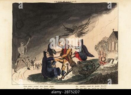 Le voyageur écossais John o Arnha combat un varech, des sorcières et des démons dans un cimetière d'église. Des furies sinistres ont répandu leurs fangs forkit, un conduit à John wi furieux bangs furieux... Gravure sur plaque de coperplate de George Beatties John o Arnha, Montrose, Écosse, 1826. Banque D'Images