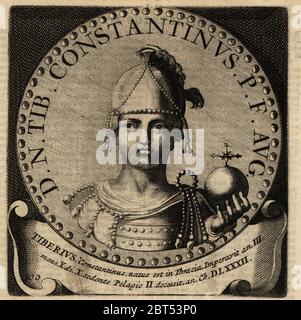 Tiberius II Constantine, 520-582. Tiberius Constantinus, empereur romain de l'est, empereur byzantin. Gravure sur plaque de coperplate d'Abraham Bogaerts de Roomsche monarchie, la monarchie romaine, François Salma, Utrecht, 1697. Banque D'Images