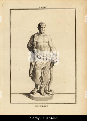 Asclépios, dieu grec de la médecine avec serpent-liées au personnel. La gravure sur cuivre par David Francois-Anne de musée de Florence, ou Collection des pierres Gravees, statues, médailles, Chez F.A. David, Paris, 1787. David (1741-1824) a appelé et gravé les illustrations sur la base de statues romaines, médailles et pierres gravées dans la collection du musée de Florence et le cabinet de curiosités du Grand-duc de Toscane. Banque D'Images