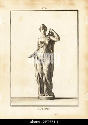 Statue de l'Euterpe, muse de la musique dans la mythologie grecque. La gravure sur cuivre par David Francois-Anne de musée de Florence, ou Collection des pierres Gravees, statues, médailles, Chez F.A. David, Paris, 1787. David (1741-1824) a appelé et gravé les illustrations sur la base de statues romaines, médailles et pierres gravées dans la collection du musée de Florence et le cabinet de curiosités du Grand-duc de Toscane. Banque D'Images