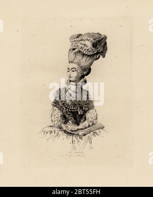 Pouf à la mode bonnet de l'époque de Marie-Antoinette. Gravure sur cuivre par Auguste Etienne Guillaumot de costumes et coiffures du XVIIIe siècle, les costumes et les coiffures du xviiie siècle, Cagnon, Paris, 1875. Illustration originale de Claude Louis Desrais à partir de la Gallerie des modes et Costumes Francais, 1778-1787. Banque D'Images