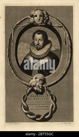 François, duc d'Anjou et Alencon, 1555-1584. François, Duc dAlencon. En collier à revers en dentelle, cape et doublet bordés d'hermine. Cadre décoré de masques et de serpents. Gravure de plaques de coperplate par Pieter Stevens van Gunst après Adriaen van der Werff d'Isaac de Larreys Histoire dAngleterre, dEcosse et dIrlande, Amsterdam, 1730. Banque D'Images