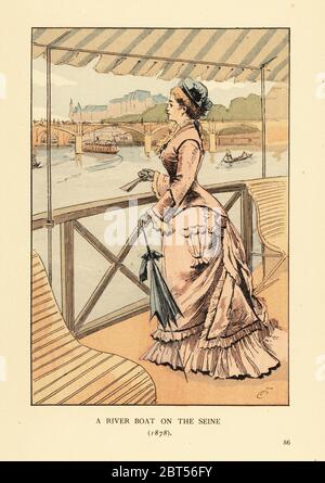 Un bateau sur la Seine, 1878. Femme en robe rose avec parasol et ventilateur sur un bateau à vapeur touristique sur la Seine. Les Bateaux mouches sont lancés à l'exposition universelle de 1867. Lithographie de couleur main de R.V. d'après une illustration de François Courboin d'Octave Uzannes Fashion à Paris, William Heinemann, Londres, 1898. Banque D'Images