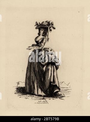 Femme de style anglais avec corsage lacé, époque de Marie-Antoinette. Robe à motif anglaise le corpsen dentelle par derriere. Gravure de coperplate par Auguste Etienne Guilleret à partir de costumes et de coicures du XVIIIe siecle, costumes et coiffures du XVIIIe siècle, Cagnon, Paris, 1875. Illustration originale de Pierre Thomas le Clerc de la Galerie des modes et costumes Francais, 1778-1787. Banque D'Images