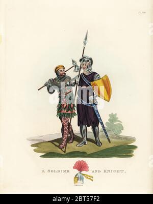 Un soldat et Knight, 1295. Chevalier en gamboised bacinet casque, haubert et chausses, enduire les plaques du coude, avec bouclier, lance et épée. Le soldat porte une capuche et maille, cuir costume multicolore corium et treillis chausses en cuir avec clous et bandages. Lithographie coloriée par Maddocks après une illustration par S.R. Sir Samuel de Meyrick Meyrick Rush d'un enquête sur Antient Armor, John Dowding, Londres, 1842. Banque D'Images