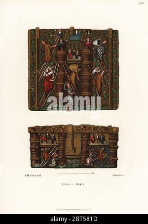 Coffret en bois décoré, probablement pour des marchandises de noce 13e siècle. Chevaliers avec boucliers héraldiques grimper aux échelles d'assaut un château défendu par les femmes. Chromolithographie de Hefner-Alteneck les costumes, Œuvres et appareils du Moyen-Âge au 17ème siècle, Francfort, 1889. Illustration par le Dr Jakob Heinrich von Hefner-Alteneck, lithographiée par Proebes. Le Dr Hefner-Alteneck (1811 - 1903), était un conservateur de musée, archéologue, historien de l'art, illustrateur et graveur. Banque D'Images