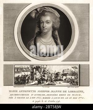 Marie-antoinette, dernière reine de France, 1755-1793. La vignette montre son arrestation à Varennes en juin 1791. Mezzotinte dessiné et gravé par Jean Duplessis-Bertaux complète de sa collection de 60 portraits des personnages qui ont le plus la figure dans la Revolution Francaise, Auber, paires, 1800. Banque D'Images