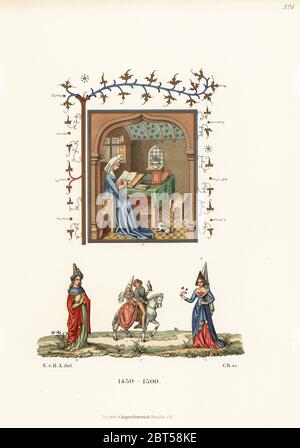 Costumes français du XVe siècle. La poétesse Christine de Pizan écrit dans sa chambre A, les femmes dans les heades de hennin B,D, et la femme dans la grande headaddress autrain sur le cheval C. de peintures miniatures. Chromolithographe des costumes, œuvres d'art et appareils de Hefner-Alteneck du Moyen-âge au XVIIe siècle, Francfort, 1889. Illustration d'Elise von Hefner-Alteneck, lithographiée par C. Regnier. Le Dr Hefner-Alteneck (1811 - 1903) était conservateur de musée allemand, archéologue, historien d'art, illustrateur et graveur de livres. Banque D'Images