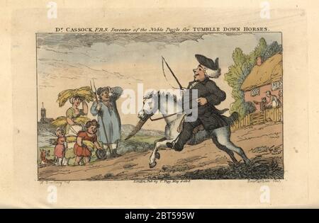 Régence médecin à cheval portant un menton en bois protecteur. Une famille perplexe de travailleurs agricoles le regarde partir. Dr cassock F.R.S., inventeur du Noble Puzzle pour Tumble Down Horses. Gravure de plaques de copperplate de couleur main par Thomas Rowlandson, d'après une illustration de Henry Bunbury de Geoffrey Gambados an Academy for Grown Horspermes and Annales of Horsemanship, Londres, 1809. Banque D'Images