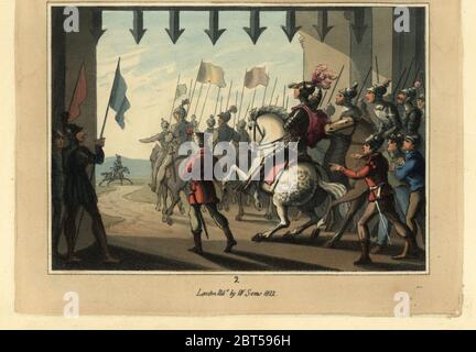 Chevaliers en armures médiévales à cheval devant une porte du château avec herse à regarder un chevalier inconnu approche. Sir Ethelbert répond à Alan. La gravure sur cuivre coloriée après une illustration par Thomas ROWLANDSON dans le tournoi, ou les jours de la chevalerie, William Sams, Londres, 1823. Banque D'Images