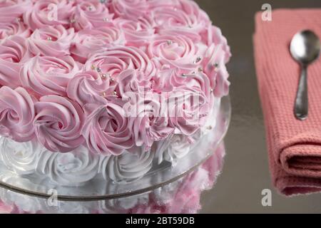 Gâteau à la crème fraîche à la fraise avec boules de chocolat en mousse argentée réparties autour de la garniture à la crème fouettée, de couleur rose et blanche Banque D'Images