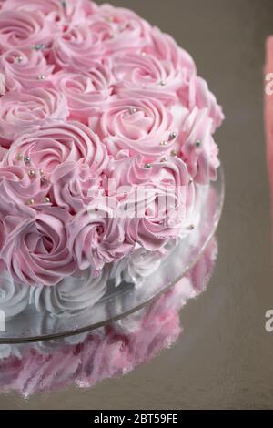 Gâteau à la crème fraîche à la fraise avec boules de chocolat en mousse argentée réparties autour de la garniture à la crème fouettée, de couleur rose et blanche Banque D'Images