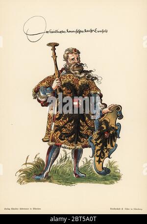 Le héraut de l'Empire romain ; Herold der heiliges Reich Romisches. Il porte une tunique emblèmes héraldiques et porte un écusson avec l'aigle bicéphale noir sur champ d'or. Chromolithographie d'Watzelberger Otto Beitraege zum Formenschatz der Heraldik (contributions au vocabulaire de l'HÉRALDIQUE), Theodor Ackermann, Munich, 1900. Watzelberger Otto a été secrétaire de la Bayerischen Koeniglich Haus-Ritter-Ordens vom heiligen Georg (Maison Bavaroise Royale d'ordre équestre de Saint Georges). Banque D'Images