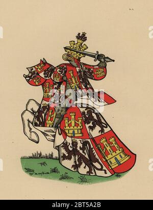 Le Roi de Castille, roi de Castille. Chromolithographie de Loredan du Relais Akena La Brède Ancien Armorial équestre de la Toison d'Or et de l'Europe au 15e siècle (ancienne armoriaux équestres de l'ordre de la Toison d'et l'Europe au 15e siècle), Paris, 1890. Manuscrit illustré de 4790 dans la bibliothèque de l'Arsenal. Banque D'Images