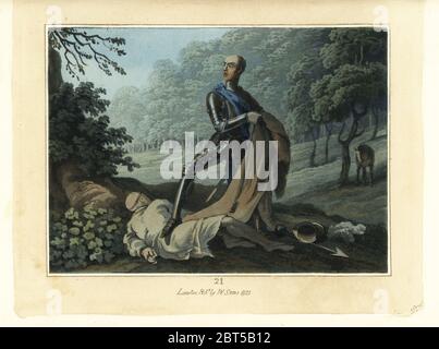 Chevalier médiéval en armure avec des robes de moines, debout sur le corps mort d'un moine. Le chevalier maléfique Alan. Gravure de copperplate de couleur main, après une illustration de Thomas Rowlandson du Tournoi, ou Days of Chivalry, William Sams, Londres, 1823. Banque D'Images