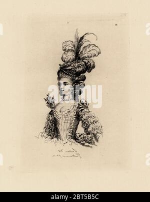 Femme mode dans le chapeau à plumes et anglaises, l'époque de Marie-Antoinette. Gravure sur cuivre par Auguste Etienne Guillaumot de costumes et coiffures du XVIIIe siècle, les costumes et les coiffures du xviiie siècle, Cagnon, Paris, 1875. Illustration originale par Pierre Thomas Le Clerc à la Gallerie des modes et Costumes Francais, 1778-1787. Banque D'Images