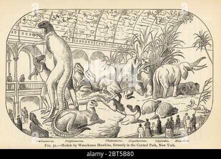 Modèles de dinosaures par Benjamin Waterhouse Hawkins, anciennement à Central Park, New York. Hadrosaurus foulkii, Dryptosaurus aquilunguis, Plesiosaurus dolichodeirus, Megatherium americanum, Glyptodon clavipes et Mammuthus primigenius. Gravure d'une illustration de Joseph Smit de Henry Neville Hutchinsons créatures d'autres jours, études populaires en paléontologie, Chapman et Hall, Londres, 1896. Banque D'Images