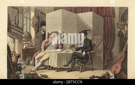 Jeune homme dans ses chambres à l'université étant berné par son tuteur. Un serviteur apporte un panier de bouteilles de vin, et une femme se cache derrière un écran. Gravure sur plaque de coperplate de couleur main, d'après une illustration de Thomas Rowlandson de William Combes The Dance of Life, Rudolph Ackermann, Londres, 1817. Banque D'Images