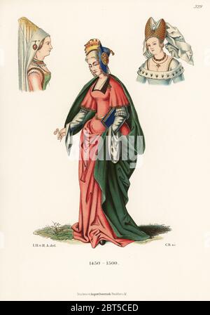 Costumes allemands de femmes de la fin du XVe siècle. En robe ornée d'or sur le col et les manches. D'un tableau dans la collection de Katharina Sattler, Château de Mainburg. Chromolithographe des costumes, œuvres d'art et appareils de Hefner-Alteneck du Moyen-âge au XVIIe siècle, Francfort, 1889. Illustration par le Dr Jakob Heinrich von Hefner-Alteneck, lithographiée par C. Regnier. Le Dr Hefner-Alteneck (1811 - 1903) était conservateur de musée allemand, archéologue, historien d'art, illustrateur et graveur de livres. Banque D'Images