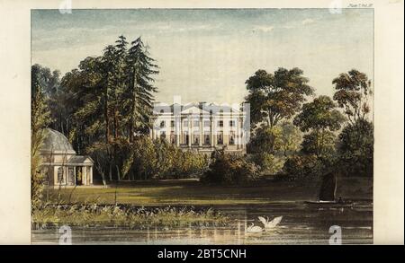 Hampton House ou Garricks Villa, Richmond on Thames. Demeure du célèbre acteur David Garrick, avec le portique de Robert Adam, et temple de William Shakespeare à gauche. Gravure sur plaque de coperplate de couleur main, d'après une illustration de John Gendall de Rudolph Ackermanns Repository of Arts, Londres, 1823. Banque D'Images