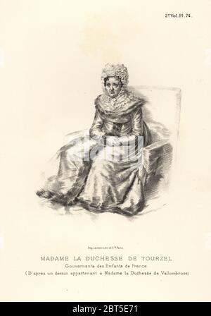 Portrait de la duchesse de Tourzel, gouvernante des enfants de Marie-Antoinette. Louise-Elisabeth de Croy d'Havre, Madame la Duchesse de Tourzel. Lithographie d'après un portrait attribué à la Duchesse de Vallombrose de Fashions et coutumes de Marie-Antoinette et de son temps, par le Comte de Reiset, Paris, 1885. Le journal de Madame Eloffe, couturière et marchand de lin à la Reine et aux dames de la cour. Banque D'Images