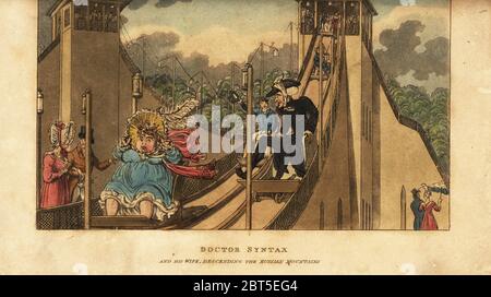 Touristes anglais circonscription vers le bas des Montagnes Russes montagnes russes à Paris, 1820. Syntaxe médecin et son épouse en ordre décroissant les montagnes russes. Dessiné et gravé sur cuivre coloriée par Charles Williams de médecin à Paris ; la syntaxe ou d'un voyage à la recherche du grotesque, W. Wright, Londres, 1820. Banque D'Images