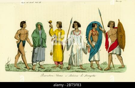 Les costumes des hommes et des femmes de la population nubienne (Barabra) de Dongola (Dunqulah). L'homme en pagne 1, les femmes en voile 2,5, 3 homme, femme de tourner avec une lance et 4 guerrier avec lance et le bouclier 6. Coloriée à la gravure sur cuivre de Giulio Ferrario Costumes d'antique et moderne des peuples du monde, Florence, 1834. Banque D'Images