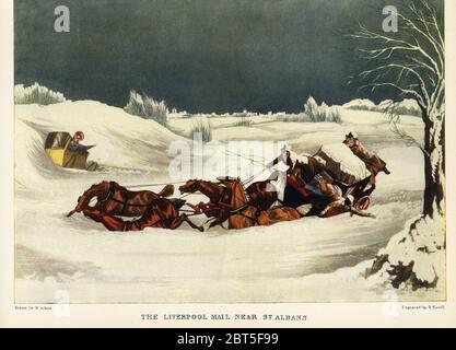 L'entraîneur de courrier de Liverpool s'écrase dans la neige près de St. Albans, 1837. Une femme passager regarde hors d'une calèche sans chevaux. Impression couleur après une gravure de R. Havell à partir d'une illustration de Henry Alken dans Ralph Nevills Old Sporting Prints, The Connoisseur Magazine, Londres, 1908. Banque D'Images