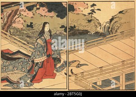 Femme de la noblesse ou de la cour en kimono de soie avec ventilateur de cyprès marchant dans un jardin sous les cerisiers en fleurs. Imprimé en blocs de bois ukiyo-e de Toyokuni Utagawa de Shikitei Sanbas Ehon Imayo Sugata (Livre photo des formes et figures modernes, Tokyo, 1916. Réimpression de l'original à partir de 1802. Banque D'Images