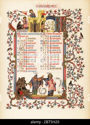 Calendrier de novembre avec des figures d'Ézéchiel et de Saint Jude, citation d'Épître à Philémon, disciple, centaure avec arc, oiseaux, feuillage et châteaux. D'un Livre des heures illuminé du Duc l'Anjou., 1380. Chromolithographe en couleurs et doré de Henry Noel Humphreys The Illuminary Calendar and Home Diary for 1846, Longmon, Londres, 1846. Banque D'Images