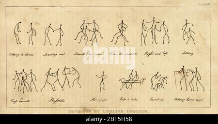 Loquitor Dottator et Lineator. Figurines de bâton Dot and Line dansant la pousette, le charme, puis évanouissement et être conduit hors ivre. Gravure sur plaque de coperplate de Rudolph Ackermanns Repository of Arts, Londres, 1817. Banque D'Images