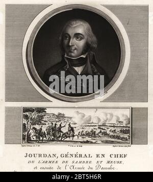 Jean-Baptiste Jourdan, général en chef de l'Armée de Sambre et Meuse, 1762-1833. La vignette montre l'armée française en utilisant le ballon l'Entreprenant de reconnaissance de sa victoire lors de la bataille de Fleurus, 1794. Mezzotinte dessiné et gravé par Jean Duplessis-Bertaux complète de sa collection de 60 portraits des personnages qui ont le plus la figure dans la Revolution Francaise, Auber, paires, 1800. Portrait gravé par Charles François Gabriel Levachez. Banque D'Images