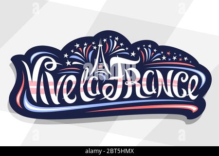 Texte Vector french vive la France, autocollant bleu avec feux d'artifice et art décoratif Tour Eiffel, affiche patriotique française avec une brosse unique Illustration de Vecteur