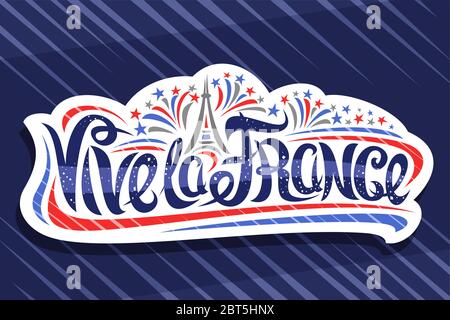 Texte Vector french vive la France, badge en papier découpé avec feux d'artifice et tour Eiffel décorative, affiche patriotique française avec brosse unique Illustration de Vecteur