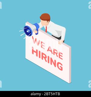 Flat 3d isométriques homme d'affaires criant à travers le mégaphone avec nous recrutons signe. Concept de recrutement d'emplois et de recrutement d'entreprises. Illustration de Vecteur