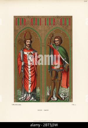 St Nicholas en robes d'évêques et Saint George en lassant un dragon. Saint-Georges en armure de chevaliers allemands du XIVe siècle, avec cape, pardessus, ceinture, lance, bouclier et épée. D'un tableau dans la Kolumba, archidiocèse Musée de Cologne. Chromolithographe des costumes, œuvres d'art et appareils de Hefner-Alteneck du Moyen-âge au XVIIe siècle, Francfort, 1889. Illustration par le Dr Jakob Heinrich von Hefner-Alteneck, lithographiée par C.R. Le Dr Hefner-Alteneck (1811 - 1903) était conservateur de musée allemand, archéologue, historien d'art, illustrateur et graveur de livres. Banque D'Images