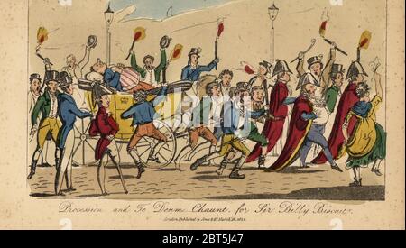 Procession pour le retour à domicile de William Curtis, Lord Mayor of London, 1821. Les échoppers et les commerçants portent des torches à côté de la voiture. Procession et la tante te Deum pour Sir Billy Biscuit. Gravure en couleur de Pierce Egans Real Life en Irlande, ou les scènes de jour et de nuit, les fringales, les Rambles, et les craputs, les Bulls, les bourdes, la Bodderation et le Blarney, de Brian Boru Esq., et son élégant ami Sir Shawn ODogherty, publié par William Evans, Londres, 1829. Banque D'Images