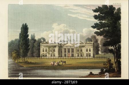 Avington House, Winchester, le siège du propriétaire d'esclaves Richard Temple-Nugent-Brydges-Chandos-Grenville, 1er duc de Buckingham et de Chandos. Maison ancestrale néoclassique avec portique doric. Gravure sur plaque de coperplate de couleur main, d'après une illustration de T. Hewitson de Rudolph Ackermanns Repository of Arts, Londres, 1825. Banque D'Images