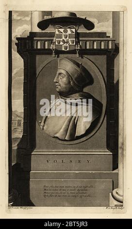 Thomas Wolsey, archevêque anglais et cardinal du roi Henri VII, 1473-1530. Avec une couche de bras et un capuchon de cardan. Gravure de plaques de coperplate par Pieter Stevens van Gunst d'après Adriaen van der Werff d'Isaac de Larreys Histoire dAngleterre, dEcosse et dIrlande, Reinier Leers, Rotterdam, 1713. Banque D'Images