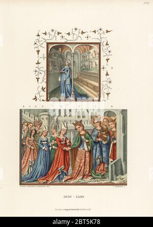 Costumes français du XVe siècle. La poétesse Christine de Pizan au sommet, et la reine française et le noble dans les headdes hennin dirigés par la Vierge Marie et d'autres saints en bas. Des miniatures de la bibliothèque de Munich. Chromolithographe des costumes, œuvres d'art et appareils de Hefner-Alteneck du Moyen-âge au XVIIe siècle, Francfort, 1889. Illustration d'Elise von Hefner-Alteneck, lithographiée par C. Regnier. Le Dr Hefner-Alteneck (1811 - 1903) était conservateur de musée allemand, archéologue, historien d'art, illustrateur et graveur de livres. Banque D'Images