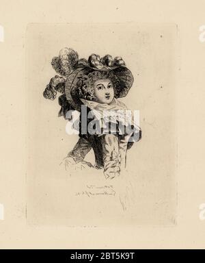 Femme mode dans le grand chapeau ère de Marie Antoinette. Gravure sur cuivre par Auguste Etienne Guillaumot de costumes et coiffures du XVIIIe siècle, les costumes et les coiffures du xviiie siècle, Cagnon, Paris, 1875. Illustration originale de François Louis Joseph Watteau à la Gallerie des modes et Costumes Francais, 1778-1787. Banque D'Images