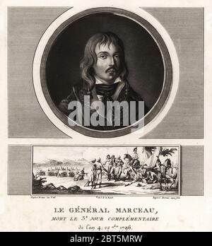 François Séverin Marceau, général de la Révolution française. Vignette lui montre mortellement blessé à la bataille d'Altenkirchen, Allemagne, 1796. Mezzotinte dessiné et gravé par Jean Duplessis-Bertaux complète de sa collection de 60 portraits des personnages qui ont le plus la figure dans la Revolution Francaise, Auber, paires, 1800. Portrait gravé par Charles François Gabriel Levachez. Banque D'Images