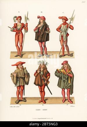 Costumes allemands de la mens du XVe siècle. Jeune pikeman ou Lansknecht avec épée et halberd A, soldat avec chapeau de feutre C, chasseur avec faucon et gant D, et jeunes hommes dans les vêtements de maison B,E,F. Du livre de la lignée du duc de Saxonys dans les Archives de l'État de Dresde. Chromolithographe des costumes, œuvres d'art et appareils de Hefner-Alteneck du Moyen-âge au XVIIe siècle, Francfort, 1889. Illustration par le Dr Jakob Heinrich von Hefner-Alteneck, lithographiée par C.R. Le Dr Hefner-Alteneck (1811 - 1903) était conservateur de musée allemand, archéologue, historien d'art, illustrateur et graveur de livres. Banque D'Images