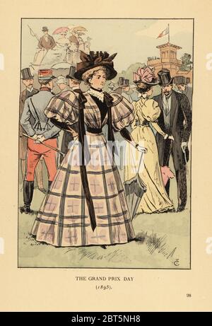 Le Grand Prix, 1895. Femme en robe à carreaux avec manches larges et rubans sur le circuit de course de Longchamp pour une grande course. Foule de messieurs tendance en chapeaux de haut, soldats et passagers en calèche. Lithographie de couleur main de R.V. d'après une illustration de François Courboin d'Octave Uzannes Fashion à Paris, William Heinemann, Londres, 1898. Banque D'Images