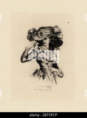 Femme mode dans le chapeau de paille, ère de Marie Antoinette. Gravure sur cuivre par Auguste Etienne Guillaumot de costumes et coiffures du XVIIIe siècle, les costumes et les coiffures du xviiie siècle, Cagnon, Paris, 1875. Illustration originale de François Louis Joseph Watteau à la Gallerie des modes et Costumes Francais, 1778-1787. Banque D'Images