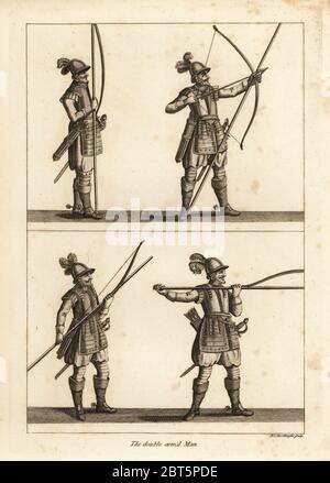 L'exercice du double-homme armé avec arc et le brochet.. La gravure sur cuivre de Francis Grose antiquités militaires concernant une histoire de l'armée anglaise, Stockdale, Londres, 1812. Banque D'Images