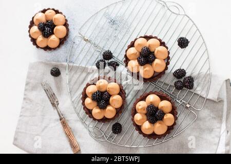 Tartes à BlackBerry avec crème fouettée au caramel et garniture au chocolat sur un support de refroidissement en métal. Fond gris. Banque D'Images