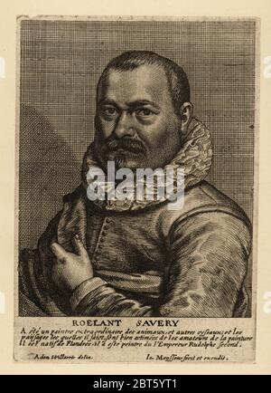 Portrait de Roelant Savery, peintre hollandais de l'âge d'or, 1576-1639. Gravure de copperplate par Johannes Meyssens après un portrait d'Adam Willaerts publié dans Johannes Meyssens's image de divers hommes d'esprit sublime, Anvers, 1649. Banque D'Images